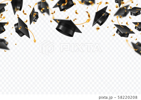 Graduation caps confetti. Flying students hats with golden ribbons isolated. University, college Graduation caps confetti. Flying students hats with golden ribbons isolated. University, college 58220208