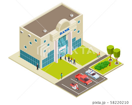 Isometric vector bank location with people, cars and security 58220210