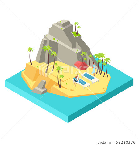 Girls relax and work on the island beach - downshifting and freelance isometric vector concept 58220376
