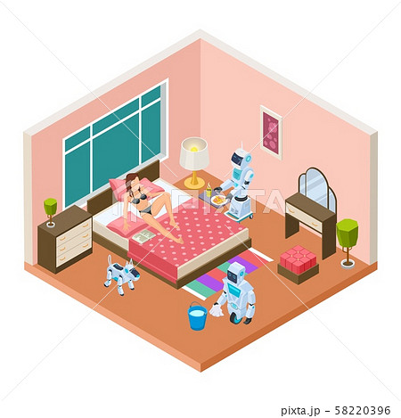 Isometric household robots. Vector robots, modern technologies for homework. Woman relaxing 58220396