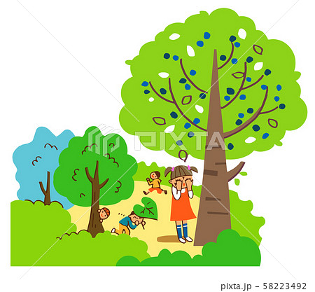 かくれんぼをする子供たちのイラスト素材