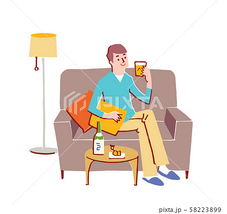 ソファで酒を飲む男性のイラスト素材 58223899 Pixta