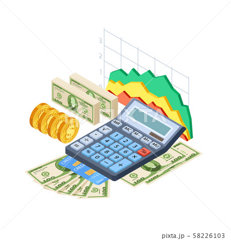 Financial analytics, bookkeeping vector concept. Cash, credit cards, coins, calculator and graphics Financial analytics, bookkeeping vector concept. Cash, credit cards, coins, calculator and graphics 58226103