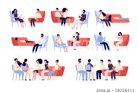 Group therapy. People crowd consulting with psychologist, persons talking to psychotherapist. Family 58226311