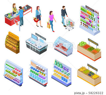People isometric store. Shopping grocery market customer supermarket products, persons in retail People isometric store. Shopping grocery market customer supermarket products, persons in retail 58226322