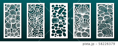 Laser cut pamels template, vector set. Abstract underwater design with seashells. Stencils, die for metal cutting, paper art, fretwork, wood carving,For card decoration, interior design elements. 58226379