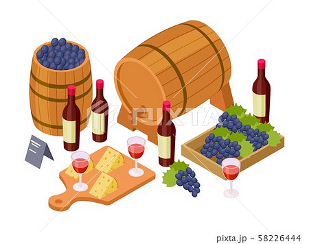 Wine tasting concept. Isometric wine, wooden barrels, glasses, grapes. Vector wine illustration 58226444