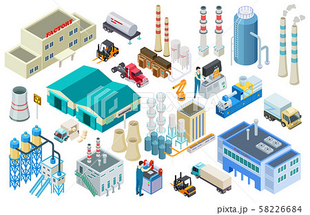 Isometric industrial buildings, workers, delivery trucks, factory and warehouse vector collection Isometric industrial buildings, workers, delivery trucks, factory and warehouse vector collection 58226684