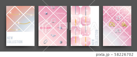 New collection jewelry banners vector template. Gold and silver chains, diamonds, wedding rings 58226702