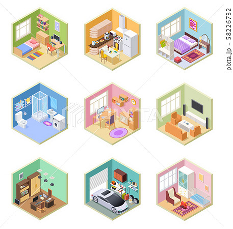 Isometric rooms. Designed house, living room kitchen bathroom bedroom toilet apartment interior with 58226732