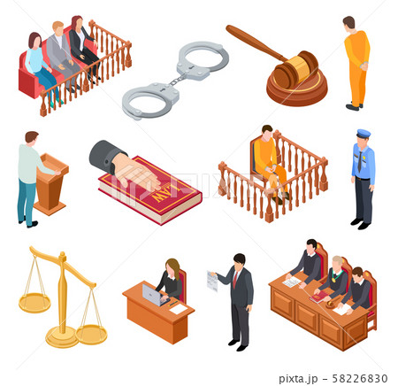 Isometric court of law. Trials defendant witness interrogation jury judge justice accused lawyer 58226830