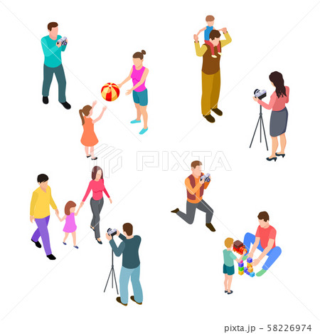 Family photo shoot. Isometric parents with children and professional photographers. Vector Family photo shoot. Isometric parents with children and professional photographers. Vector 58226974
