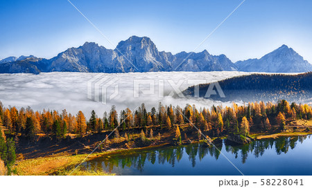 Stunning aerial view of crystal clear Lake Federa Stunning aerial view of crystal clear Lake Federa 58228041
