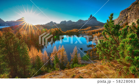 Stunning aerial view of crystal clear Lake Federa Stunning aerial view of crystal clear Lake Federa 58228063