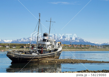 Beached ship on Ushuaia port, Argentina landscape 58229060