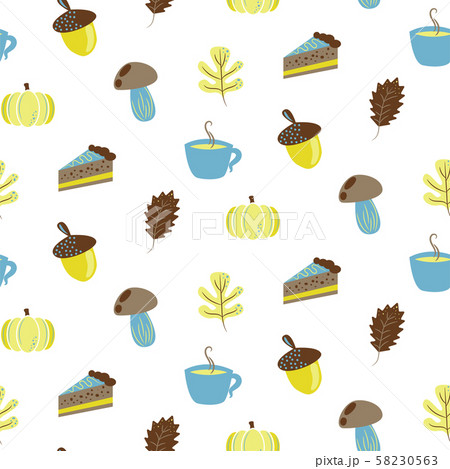 Autumn harvest objects pumpkin, acorn, pie, mushroom and leaves. Fall seamless pattern in blue and Autumn harvest objects pumpkin, acorn, pie, mushroom and leaves. Fall seamless pattern in blue and 58230563