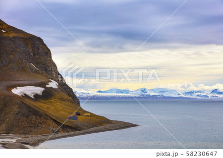 Houses and mountains in arctic summer landscape Houses and mountains in arctic summer landscape 58230647