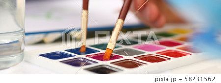 Brush point in watercolor paint closeup Brush point in watercolor paint closeup 58231562
