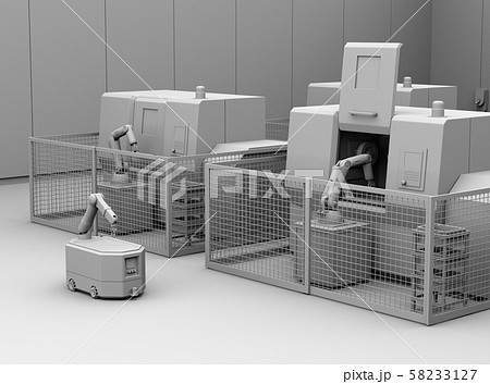 AGV無人搬送車、マシニングセンタがあるスマート工場のクレイレンダリングイメージ AGV無人搬送車、マシニングセンタがあるスマート工場のクレイレンダリングイメージ 58233127