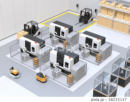 Agv無人搬送車 マシニングセンタ ロボットセルトユニットがあるスマート工場のコンセプトイメージのイラスト素材