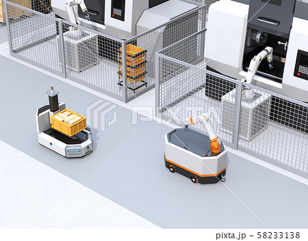 AGV無人搬送車、マシニングセンタ、ロボットセルトユニットがあるスマート工場のコンセプトイメージ 58233138