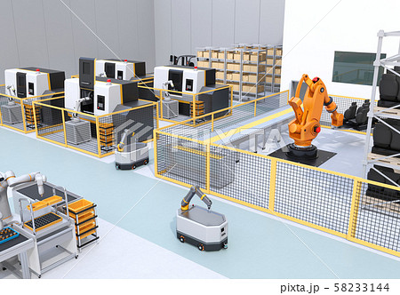 協働型双腕ロボット、AGV無人搬送車、マシニングセンタ、大型産業ロボットがあるスマート工場 58233144