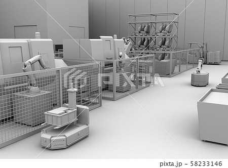 AGV無人搬送車、マシニングセンタがあるスマート工場のクレイレンダリングイメージ AGV無人搬送車、マシニングセンタがあるスマート工場のクレイレンダリングイメージ 58233146