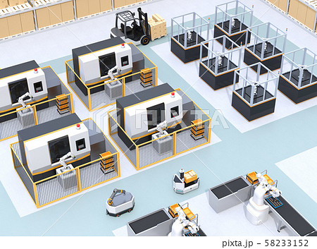 協働型双腕ロボット、AGV無人搬送車、マシニングセンタ、ロボットセルがあるスマート工場 58233152