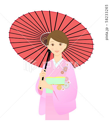 着物を着て和傘をさしている女性 上半身のイラスト素材