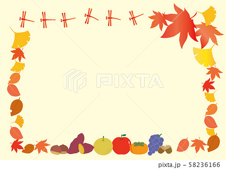 秋 フレーム 秋の味覚 落ち葉 紅葉 くだもののイラスト素材