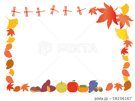 秋 フレーム 秋の味覚 落ち葉 紅葉 くだもののイラスト素材