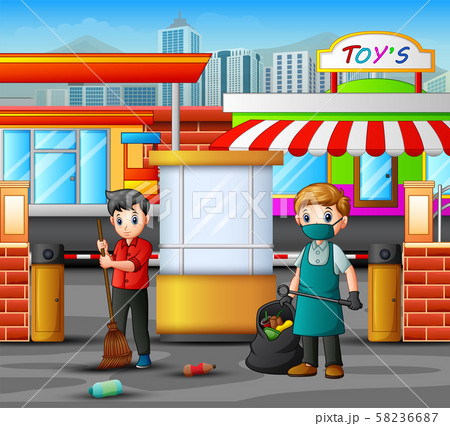 Cartoon janitor man cleaning parking entrance 58236687