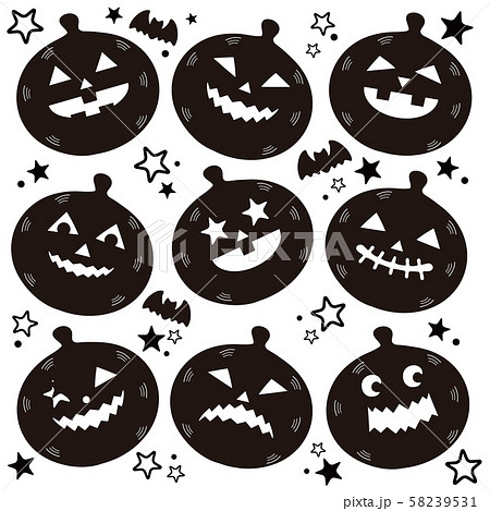 ハロウィン かぼちゃ 顔 セット モノクロ 白黒のイラスト素材