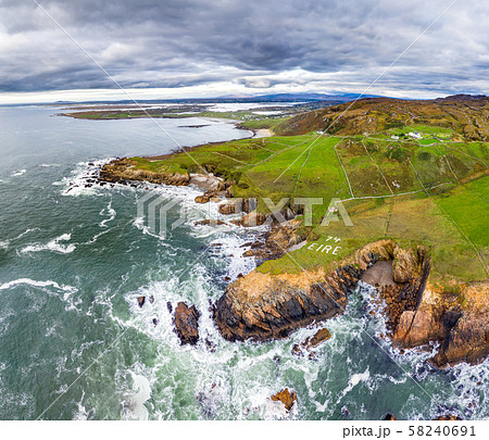 Aerial view of the Wild Atlantic Coastline by Maghery, Dungloe - County Donegal - Ireland. Aerial view of the Wild Atlantic Coastline by Maghery, Dungloe - County Donegal - Ireland. 58240691