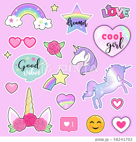 Set of colorful stickers with unicorns, rainbows, flowers and hand drawn lettering quotes. Vector. 58241702