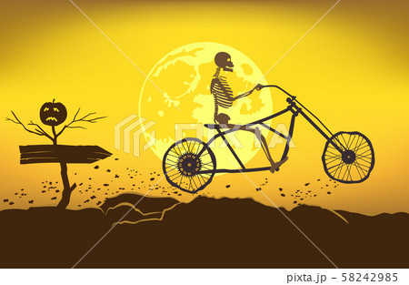 The skeleton rides a motorcycle frame on a bad road to the Halloween. The skeleton rides a motorcycle frame on a bad road to the Halloween. 58242985