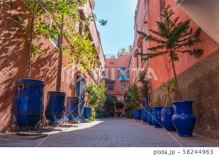 picturesque street in Marrakesh city with plants in blue vases and painted cobbles 58244963
