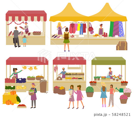 Marketplace Butchers and Clothes Shopping Vector 58248521