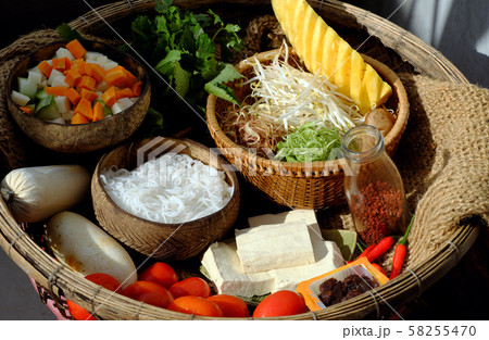 raw materials for vegan rieu noodle soup or vegetarian bun rieu 58255470