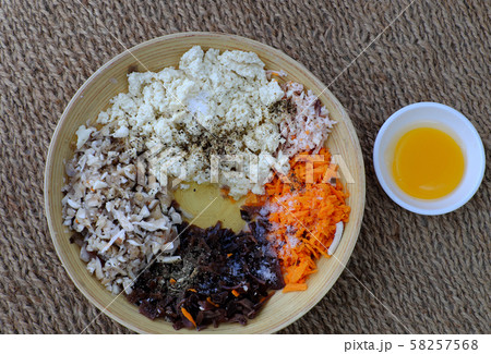 raw materials for vegetarian dish from mushroom, tofu, carrot raw materials for vegetarian dish from mushroom, tofu, carrot 58257568