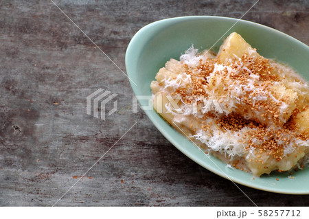 close up cassava steaming with coconut milk, sesame 58257712
