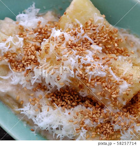 close up cassava steaming with coconut milk, sesame close up cassava steaming with coconut milk, sesame 58257714