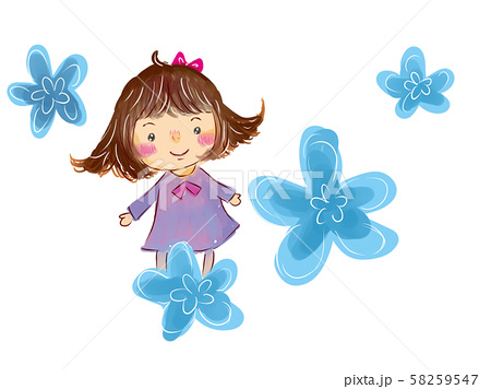 青の花と女の子のイラスト素材
