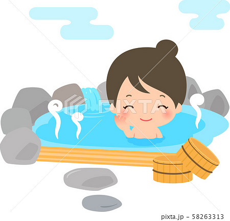 露天の岩風呂に入る笑顔の若い女性のイラスト素材