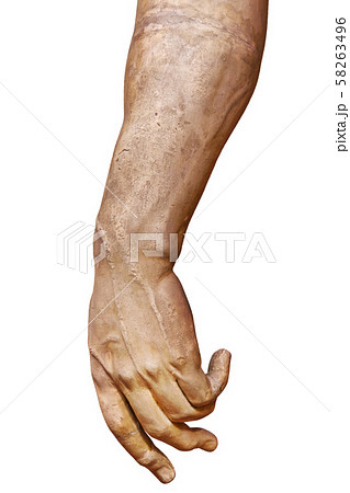 Stone statue detail of human hand isolated on white background by clipping path 58263496