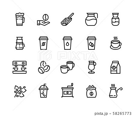 Coffee line icons. Cup with latte, cappuccino mug and espresso coffee maker machine, coffee shop 58265773