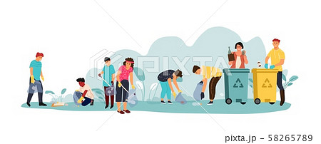 People recycling waste. Diverse cartoon characters clearing area, collecting and sorting garbage 58265789