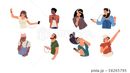 People listen to music. Happy cartoon characters dancing and listen music via smartphone. Vector 58265795