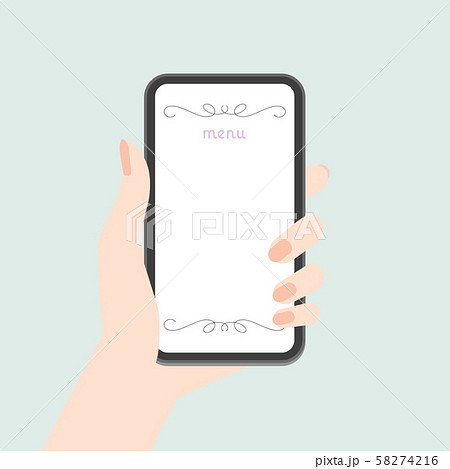 スマートフォン 女性イメージ素材 スマホを持つ女性の手 パステルグリーン背景 コピースペースあり のイラスト素材