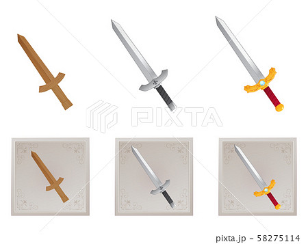 3段階に進化する剣のイラストとフレーム 木 銀 金のイラスト素材
